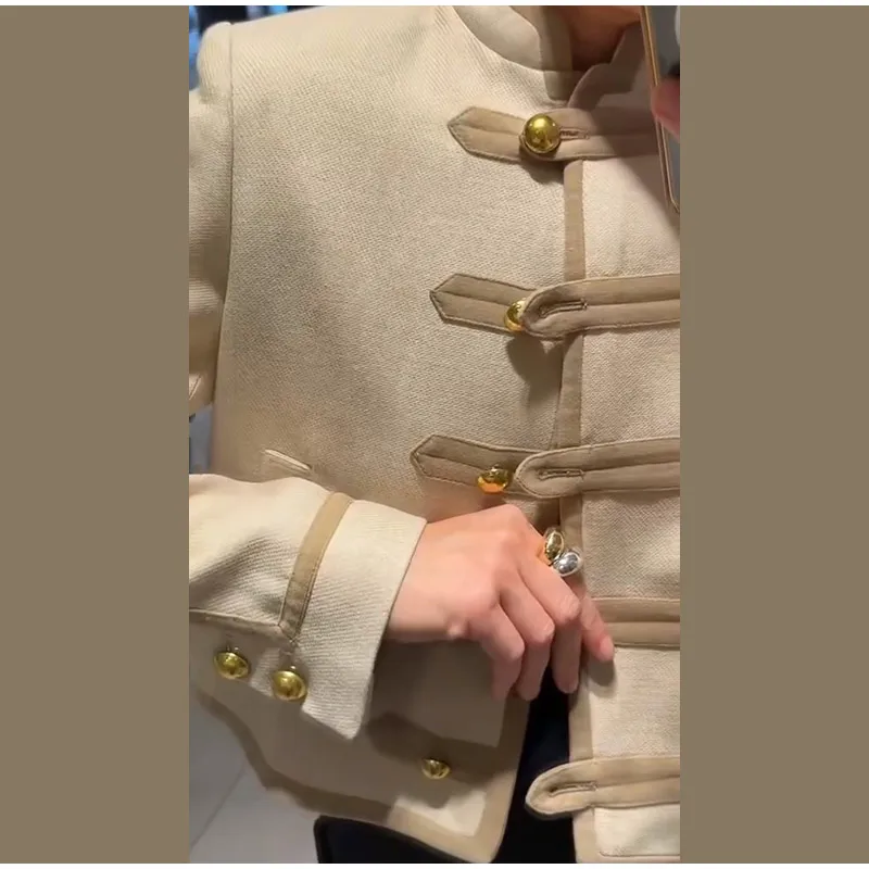 Beige abgeschnittene kurze Jacke für Damen, modisch, Stehkragen, Knebelverschluss, volle Ärmel, Mantel, 2023, Herbst, weibliche Pendel-Oberbekleidung – Detail 8