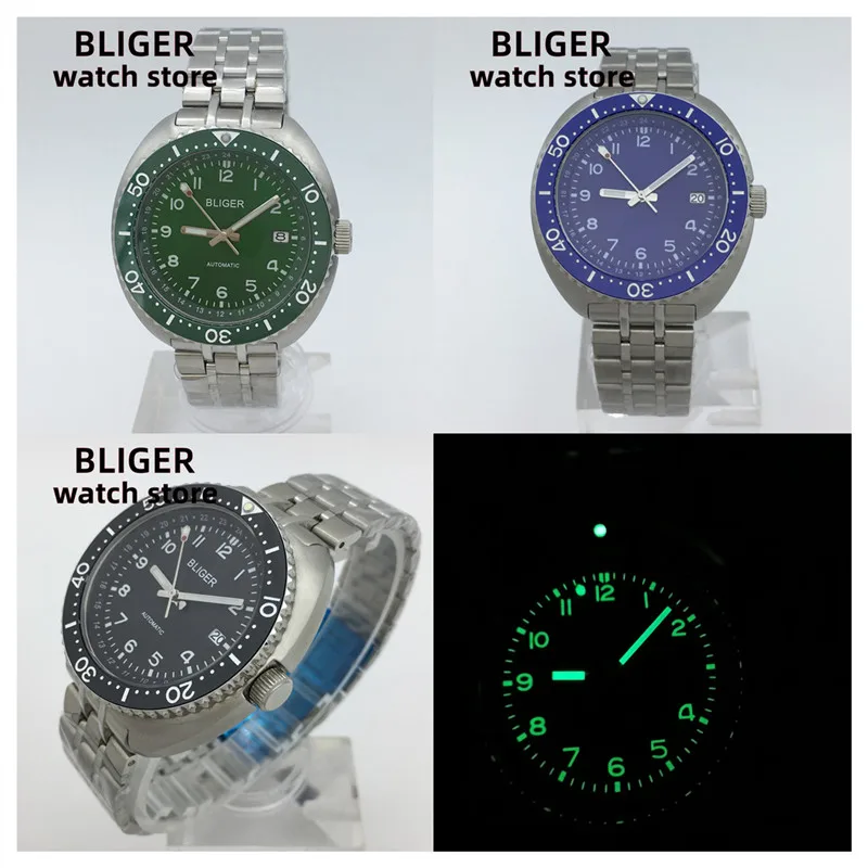 

BLIGER 43mm NH35A Automatic Mechanical sapphire glass luminous blue green black dial Date Stainless Steel Luxury men's watch