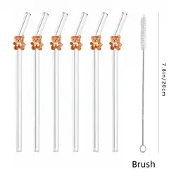 Cozy Vibes Reusable Bear Glass Straw Set - Perfect for Milk Tea, Cocktails, and Iced Drinks Gifts (Clear 6Straws 1Brush)