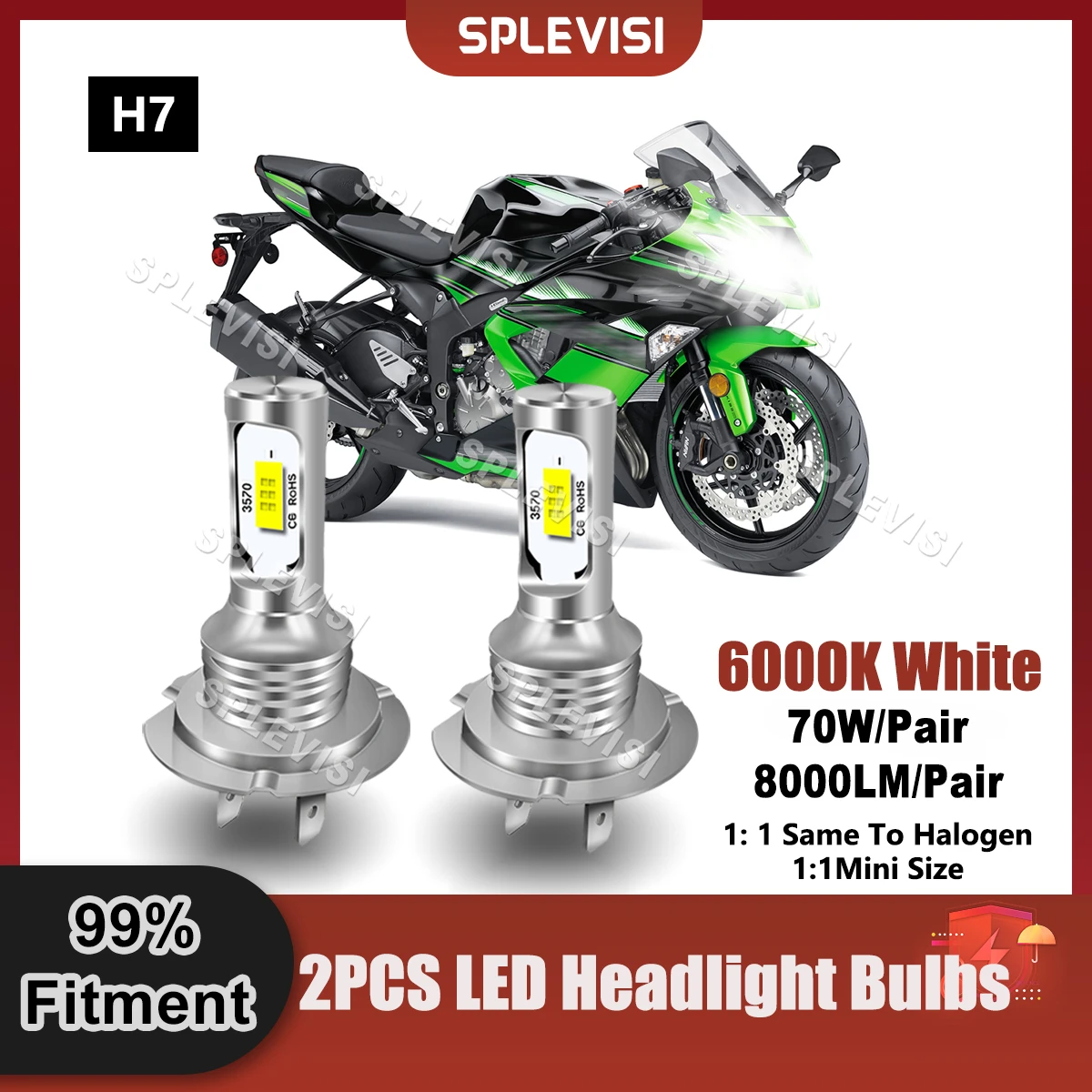 LED H7 Headlight Bulbs – 6000K Cold White, 22000LM, CAN Bus Compatible – Fit Kawasaki ZX636 Ninja ZX-6R (2005-2006, 2009-2015) & Universal