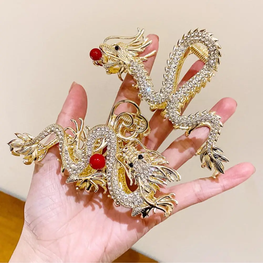 Chinese Dragon Year Hair Clips Hair Accessories for Women Girl Red Bead Metal Rhinestone Claw Pin Fashion Jewelry