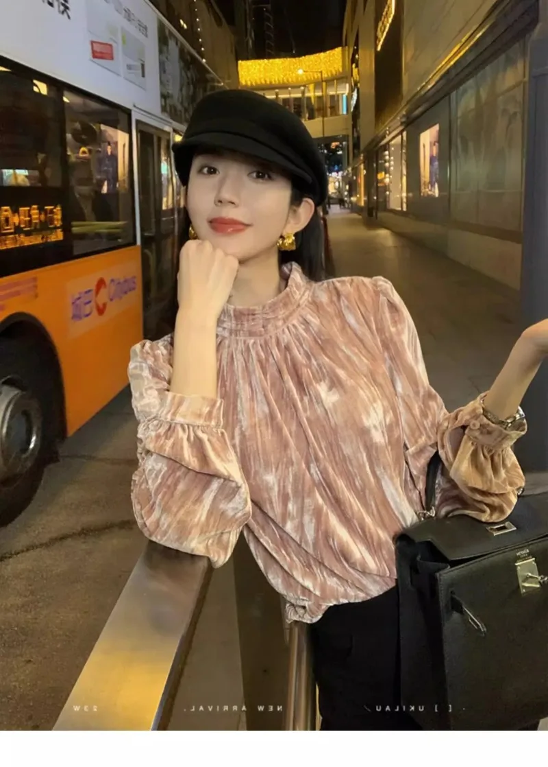 

French Stand Collar Velvet Shirt Women Korean Bubble Sleeves Temperament Fashion Solid Loose Chic Party Winter Pullover Top Wear