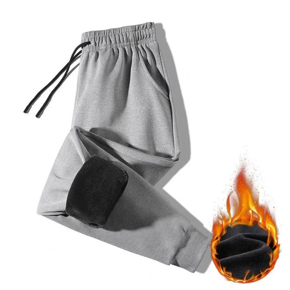 

Warm Men Trousers Thick Plush Men's Winter Pants Drawstring Elastic Waist Pockets Ankle-banded Sports Trousers Winter Long