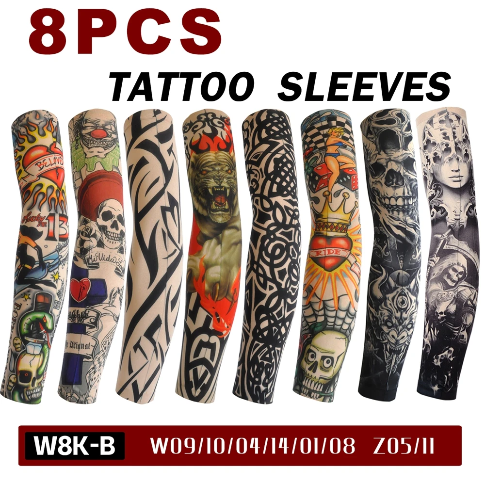 Men Women Long Summer Tattoo Sleeves Seamless Armguard Sun Protection Cover Outdoor Gloves Driving Ice Silk 8pcs sunscreen arm sleeves ice sleeves