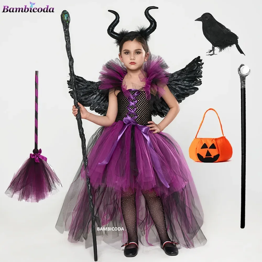 

Malefi Girls Costume Dress Halloween Christening Black Glam Gownprom Kids Cosplay Demon Queen Witch Clothes Fancy Tutu Dress