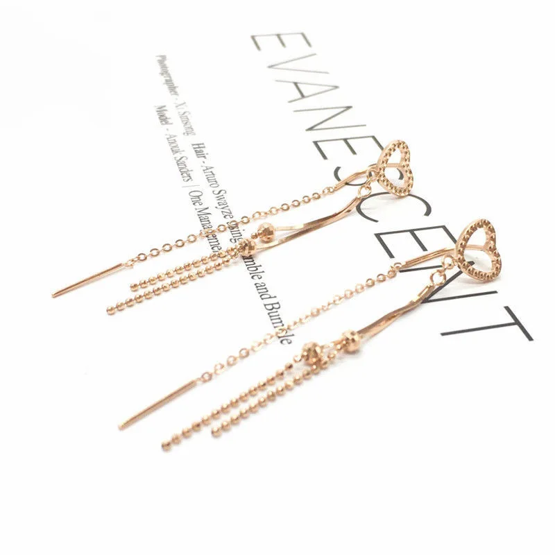 

Женские серьги из розового золота 585 пробы, с круглыми бусинами и кисточками, покрытые цепочкой, серьги в форме сердца из розового золота 14 к, модные ювелирные украшения для банкета