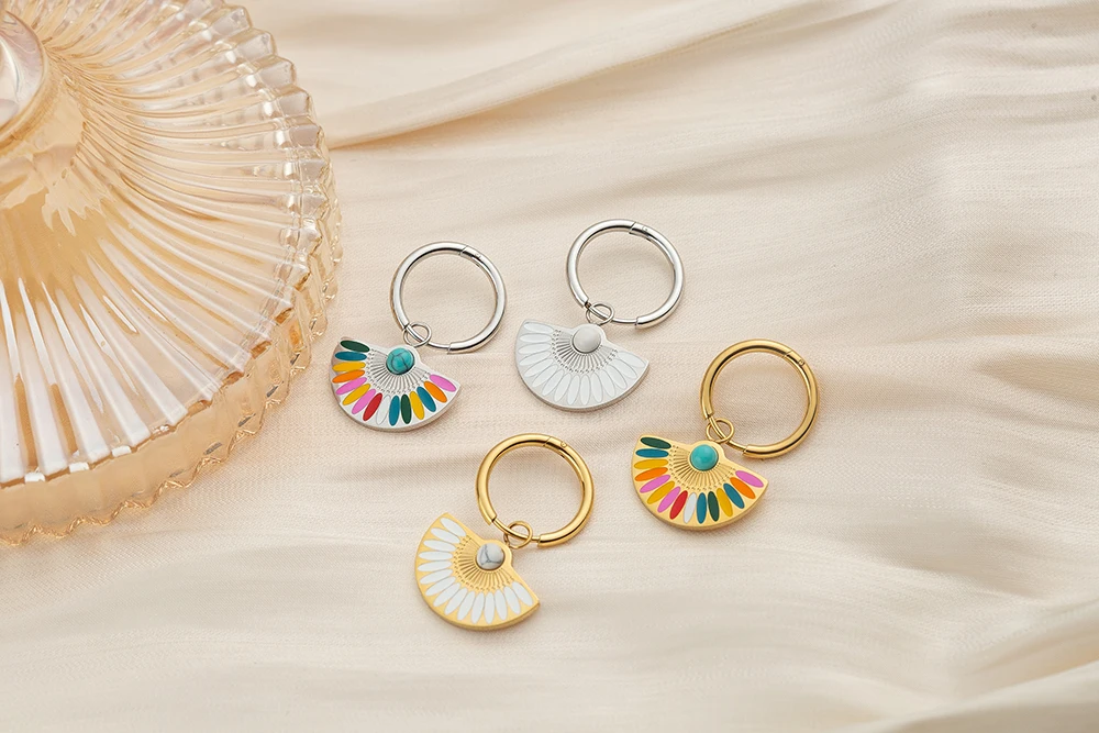 Boucles D'oreilles LOLILOTA Geisha Eventail Blanc Multicolore - Email Pendantes