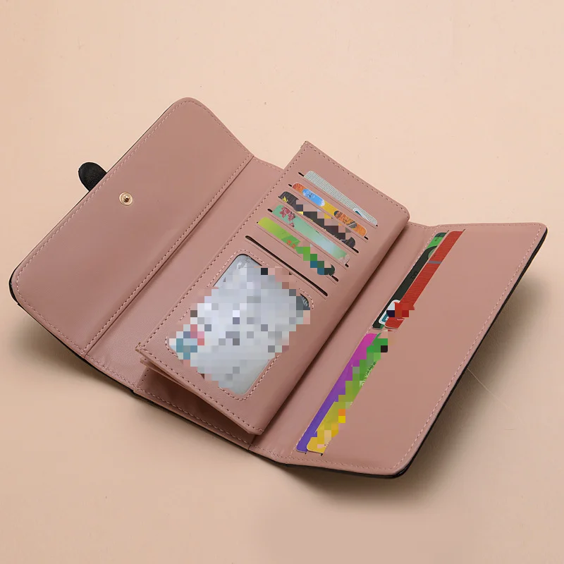 Qi Man Shi Neue koreanische Version Lange Mode Ölwachs Leder Dreifach gefaltete Kordelzug Volltonfarbe Damenbrieftasche_voghion.com