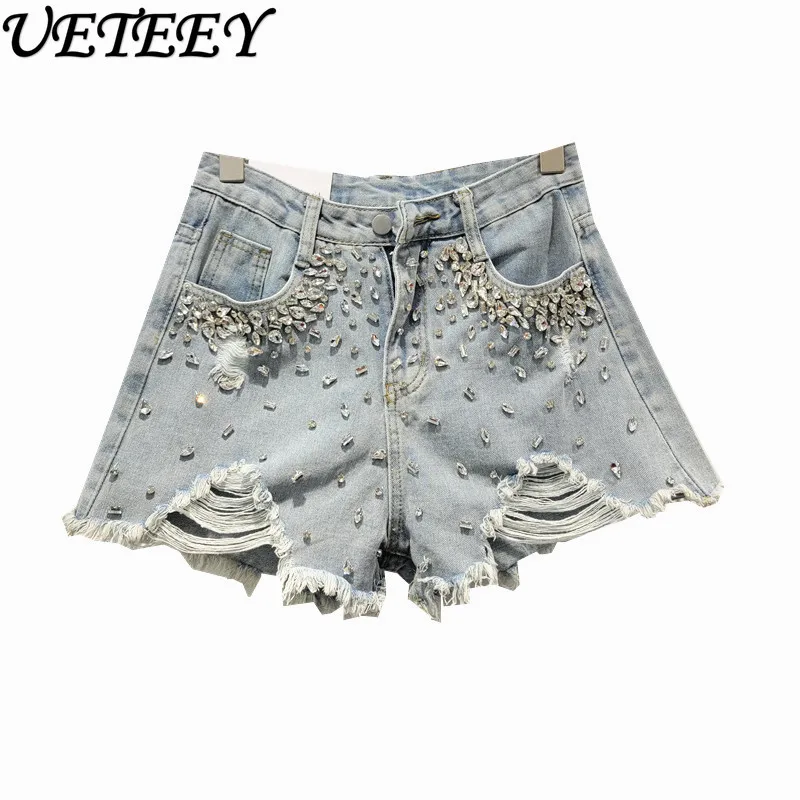 Ripped Denim Shorts for Women Trendy 2024 New Summer High Waist Slimming Exquisite Rhinestone Raw Hem Wide Legs Denim Hot Pants