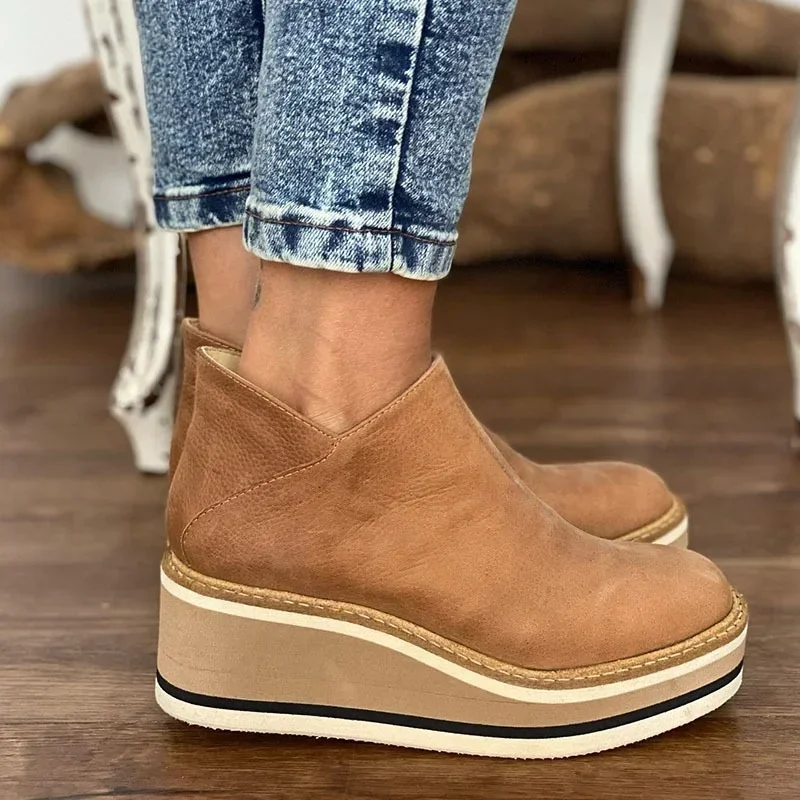 Fashion Women Short Boots Round Toe High Top Platform Wedges Retro Booties Soft Leather Zipper Comfortable Ankle Boots Woman