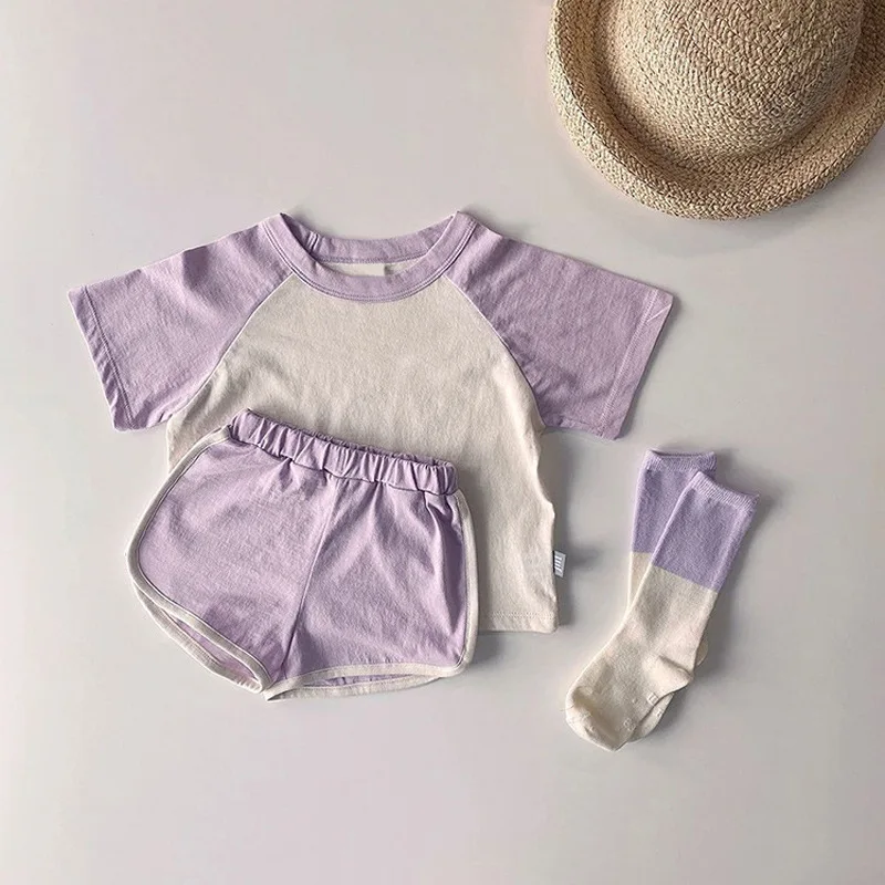 Baby Clothing Set near me Summer children's clothing baby candy color solid color suit boys and girls short sleeved T-shirt shorts casual sports two-piece baby dress and set