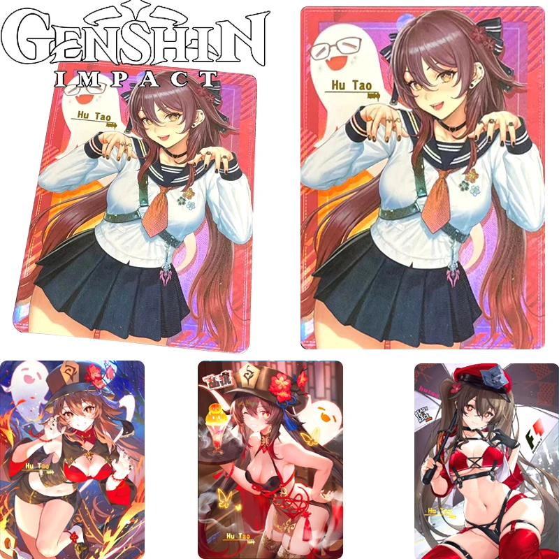 

4Pcs/set Genshin Impact Anime Characters Hu Tao DIY Homemade Bronzing Flash Card Christmas Birthday Gift Toys Collection Card