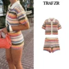TRAF ZR Short Set Woman Two Pieces Casual Elegant Prairie Chic Striped Patchwork Sets Women's Summer Suit Set Short Sleeve Sets 1