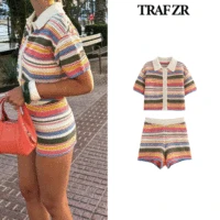 TRAF ZR Short Set Woman Two Pieces Casual Elegant Prairie Chic Striped Patchwork Sets Women's Summer Suit Set Short Sleeve Sets 1