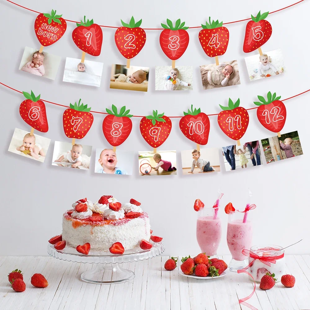 

Sweet ONE Birthday Strawberry Fruit HAPPY BIRTHDAY Party Photos Display DIY Party Banner Flag Baby Shower Party Decorations