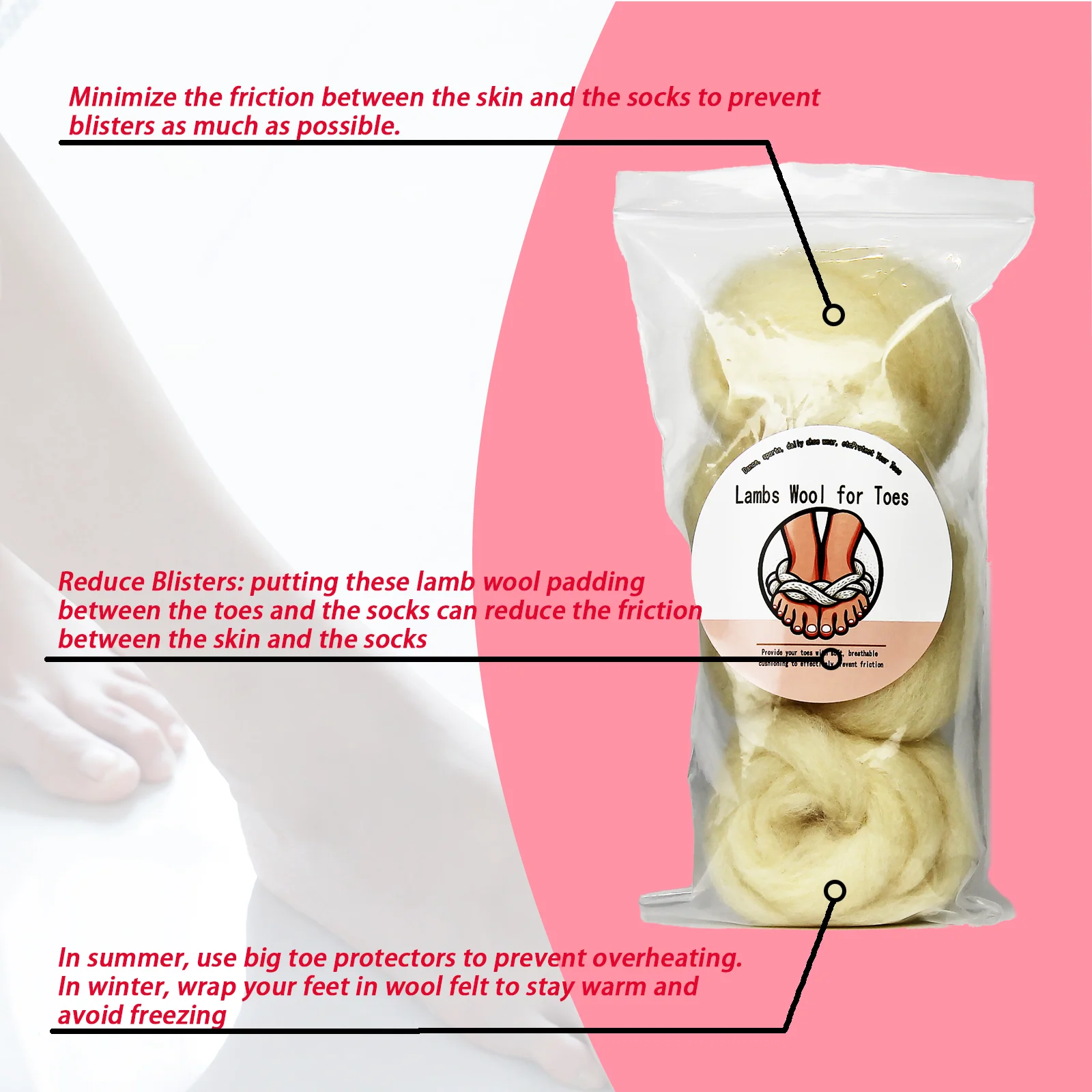 Lambs Wool Padding for Toes and Feet，Corn Cushion Pads Blister Prevention Bunions Callus Remover,Soft Feet Cushion Toe Separator