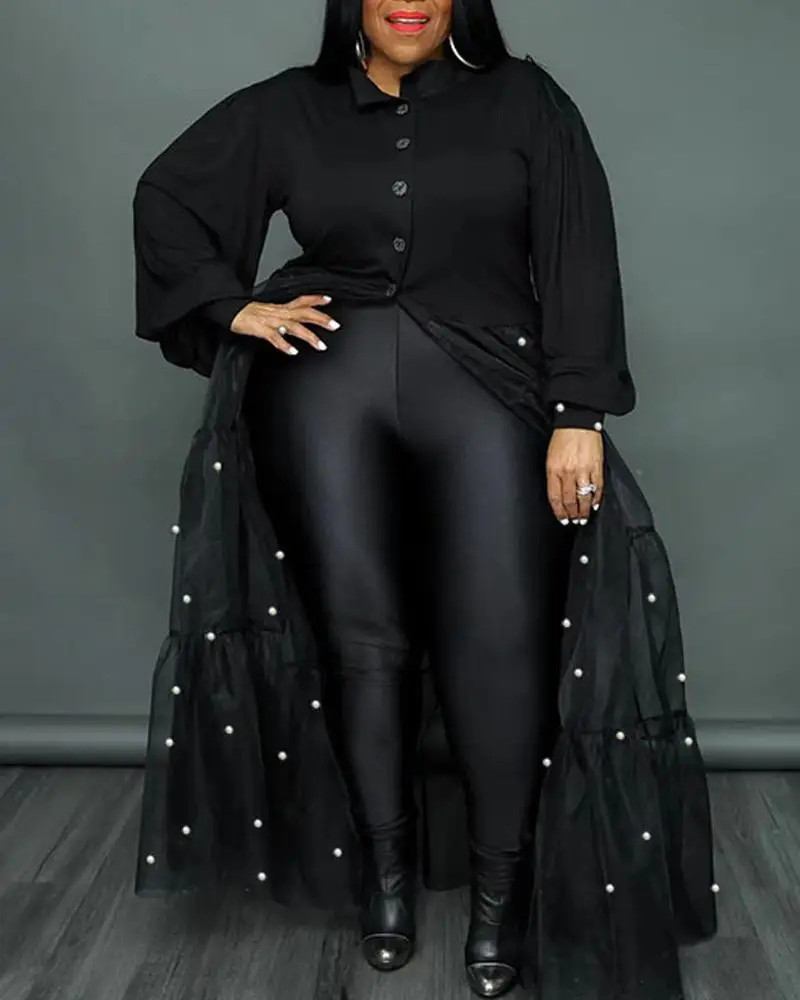 

Beaded Decor Contrast Mesh Shirt Dress Women Spring Summer Loose Long Maxi Shirt Dress Black Fashion High Waist