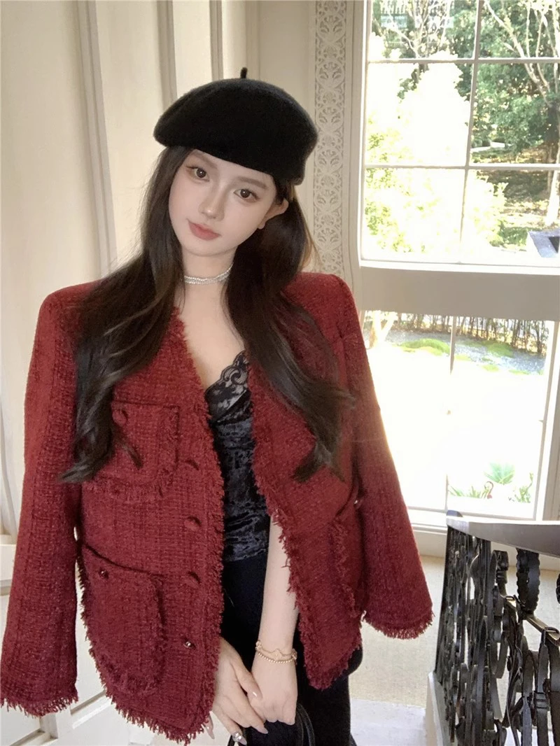 Women's Tweed Quilted Coat with Padded Lined Warm Thermal Outwear Vintage Red Button Tassel V-Neck Long Sleeved Jackets Korean winter sweater men s fleece lined padded warm keeping chenille solid color antlers embroidered sweater round neck sweater