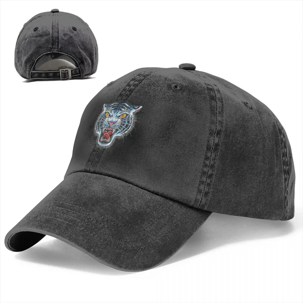 

White Tiger Head Baseball Cap Traditional Tattoo Art Illustration Rock Washed Trucker Hat Men Women Logo Washed Baseball Caps