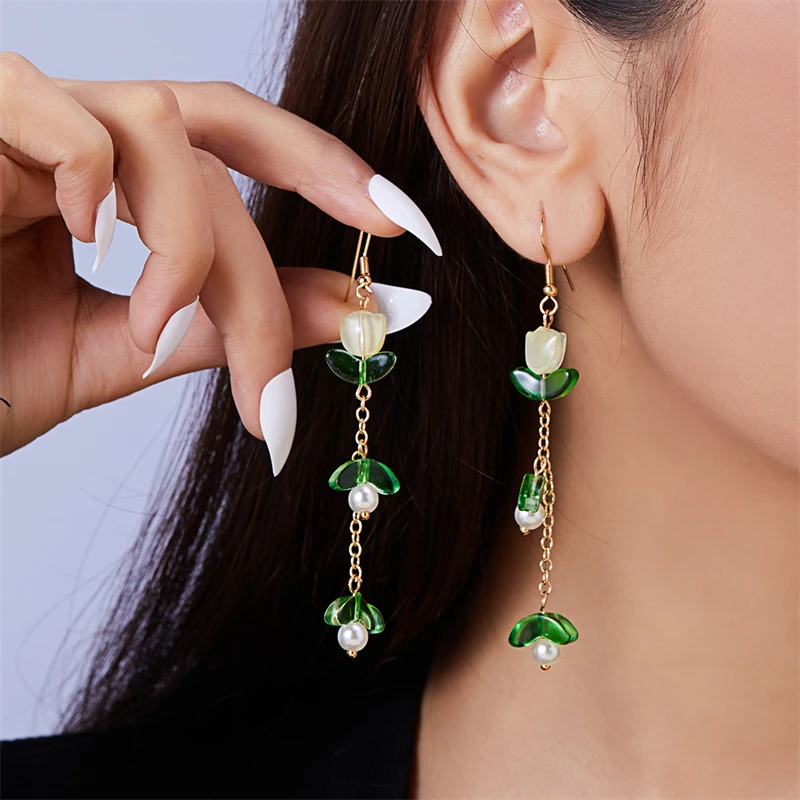 Earring Korean Imitation Pearl Tassel Drop Shiny Zircon Flower Leaf Long Geometric for Women