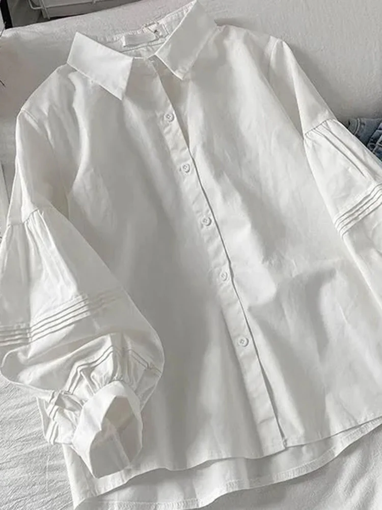 JMPRS Sweet Puff Three Quarter Sleeve Women Shirts Casual White Fall Button Up Korean Shirts Fashion Turn Down Collar Loose Tops