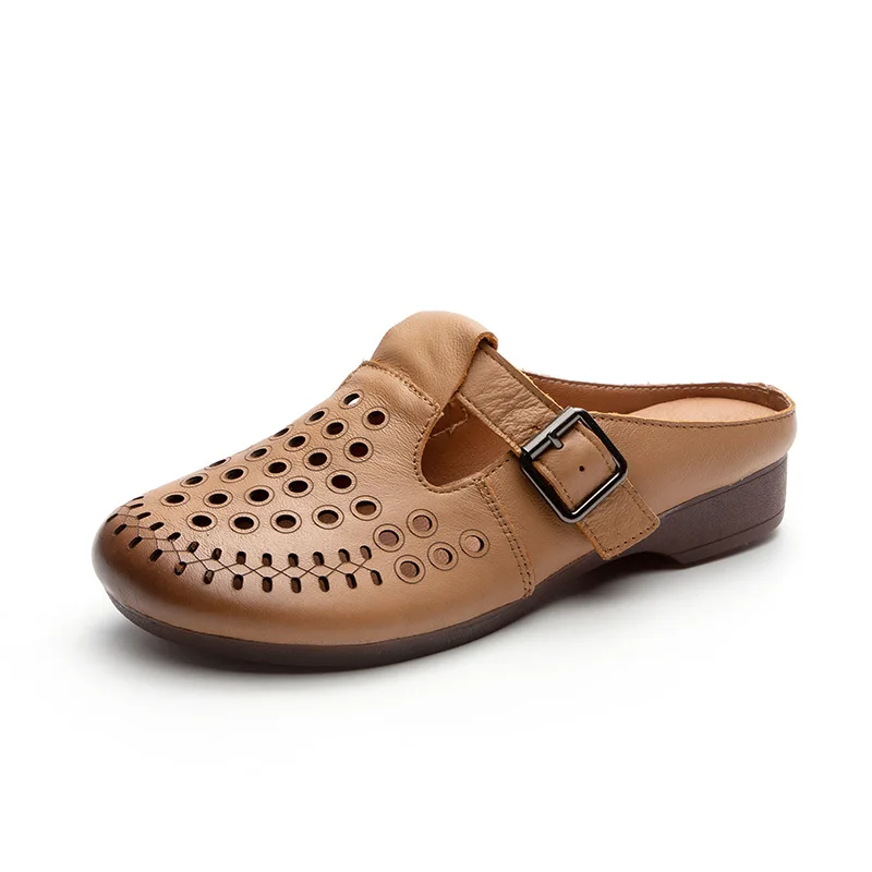 CICIYANG Women's Slippers Genuine Cowhide Leather 2024 Summer New Cover Toe Retro Flats Soft Sole Casual Outdoor Ladies Sandals