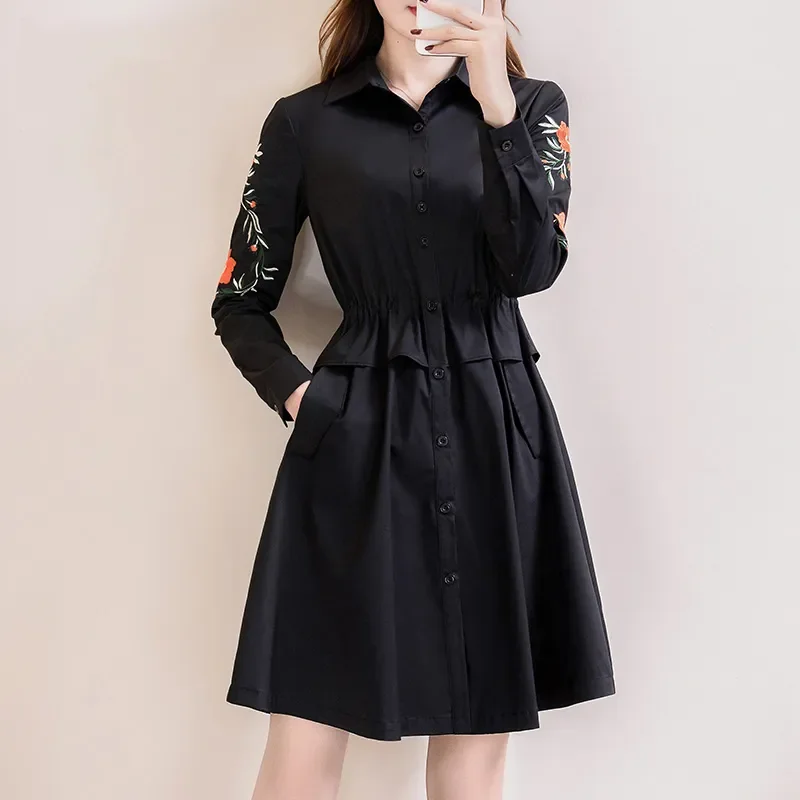 

2023 Female Spring Autumn Embroidery 200kg Skirt Hidden Meat Dress Women's Korean New Spring Dress Fat mm Mid length Shirt Dress