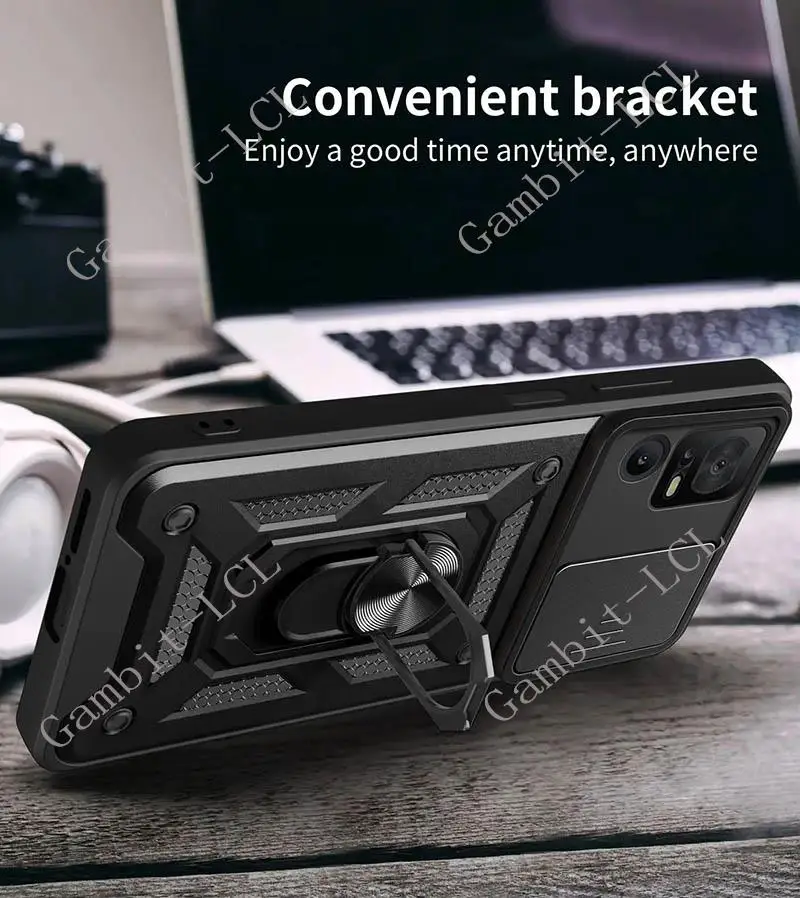 Shockproof Ring Armor Magnetic Phone Case with Camera Lens Cover and Stand
