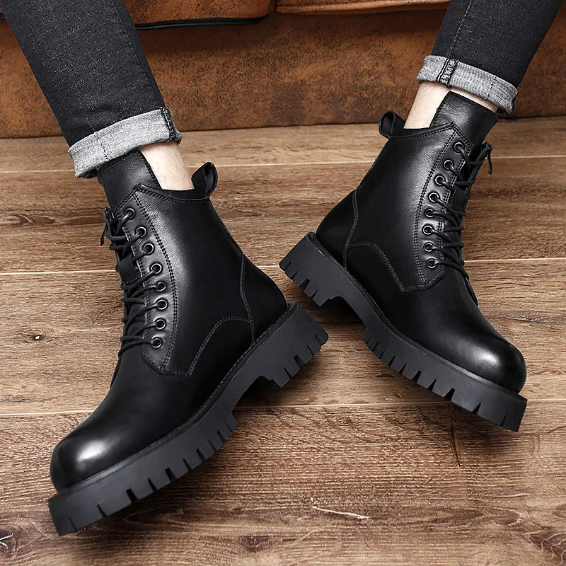 Luxury Brand Genuine Leather Mens Boots New Thick Bottom All-Match Men Boots Italian Design Men Dress shoes Motorcycle Shoe