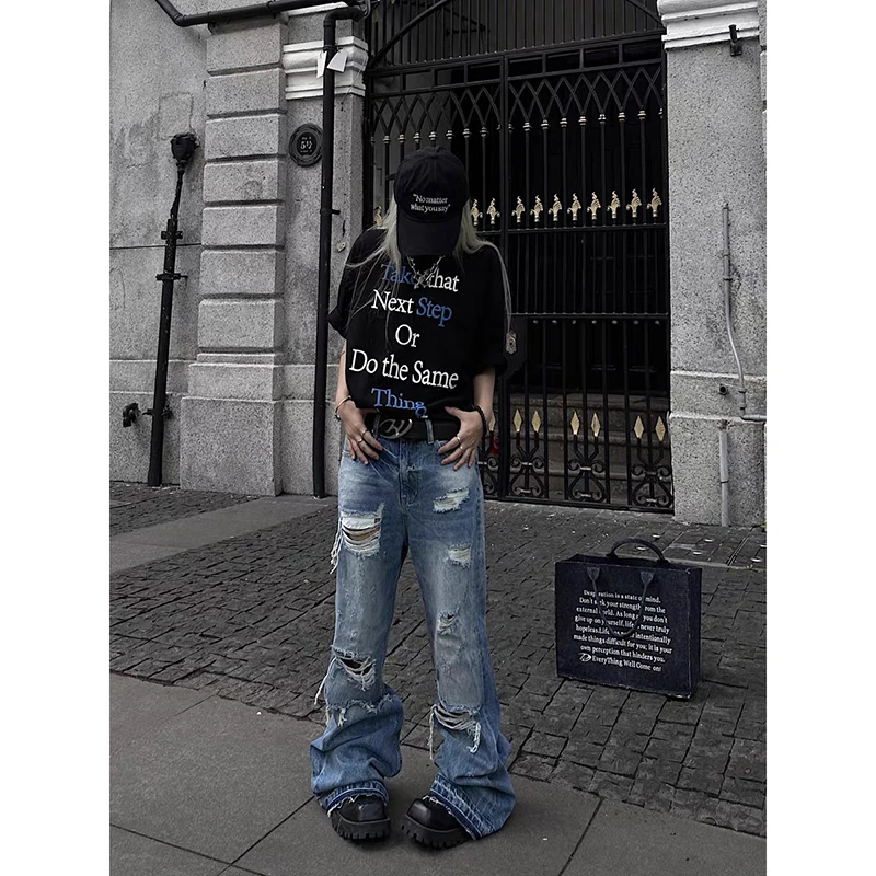 ZHIZOU American Retro Y2K 2000s Ripped Blue Jeans Women Loose Wide Legs 2026 Spring Style Design High Waist Straight Trousers 3