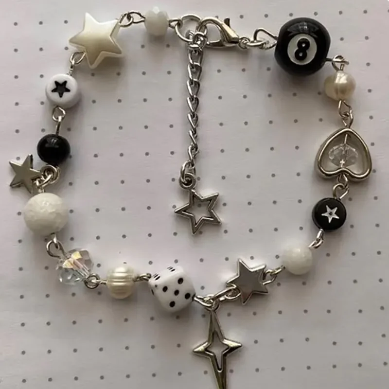 Handmade Y2K Gothic Beaded Dice Bracelet - No 8 Ball Star Design