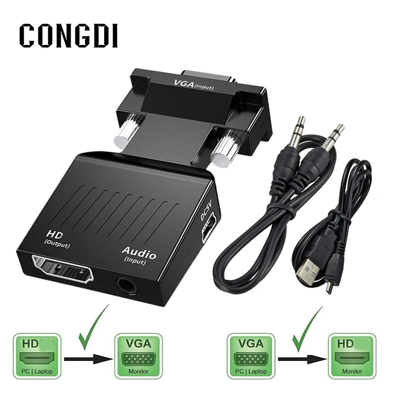 Adattatore Convertitore Compatibile Da Vga A Hdmi Adattatore Video Compatibile Con Hdmi A Vga Con Cavo Audio Da 3.5Mm Per Monitor Proiettore Hdtv