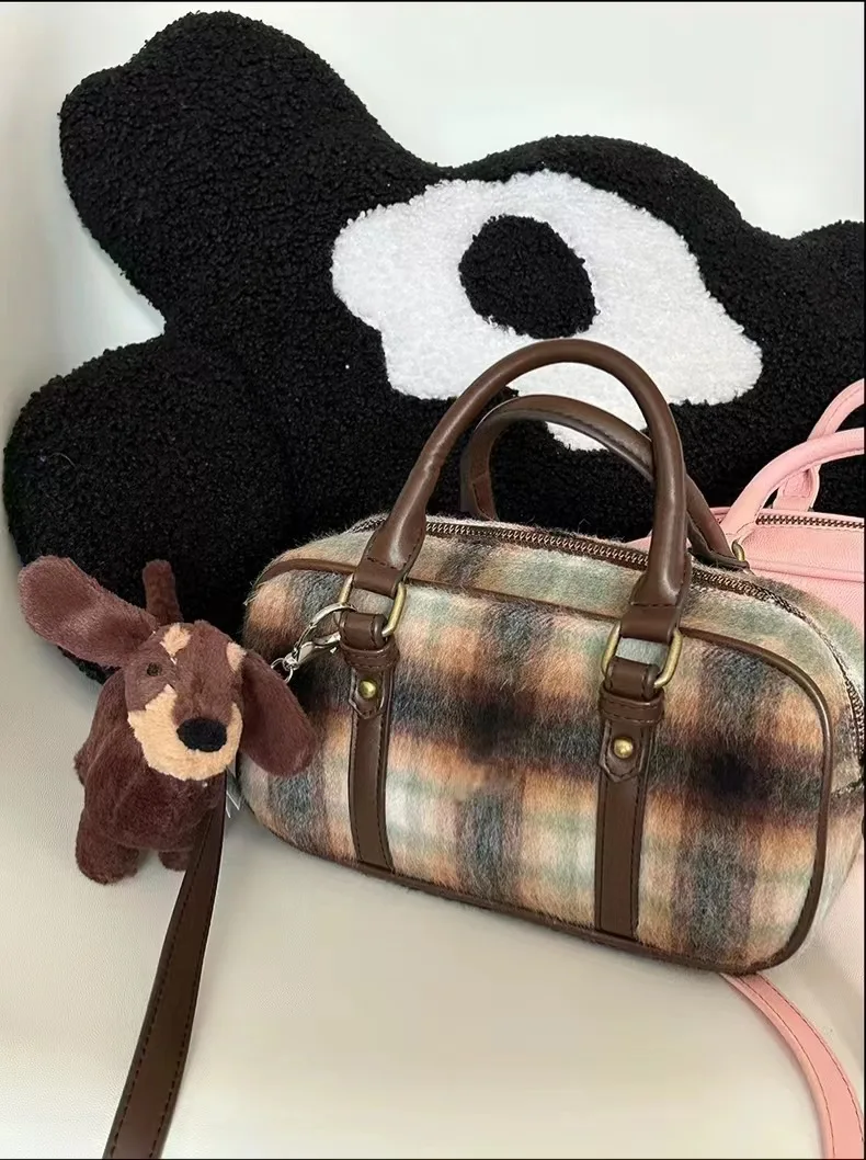 

Winter woolen bag for women plaid Boston bag woman small square Vintage handbag large capacity crossbody bag girls new arrival