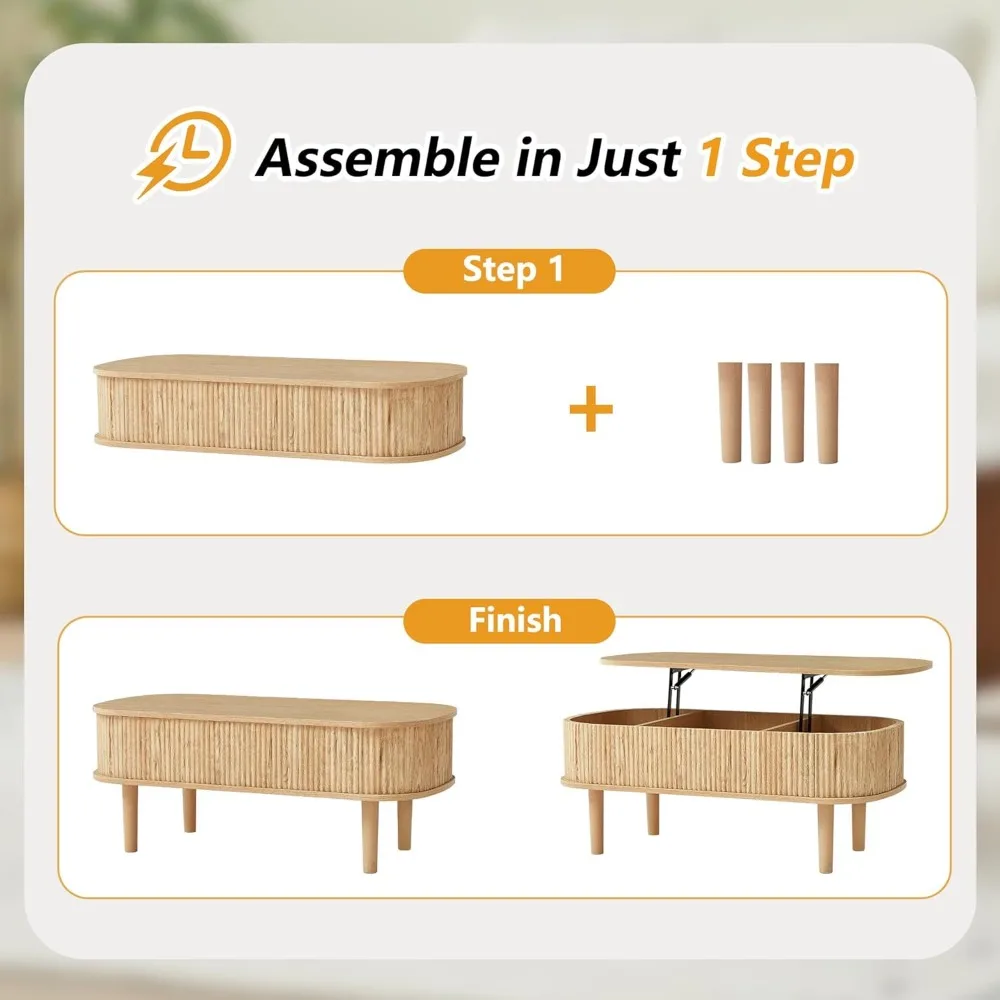 Fluted Lift Top Coffee Table with Hidden Compartment, Fully Assembled Wooden Center Table, Modern Oval Lift Tabletop 3