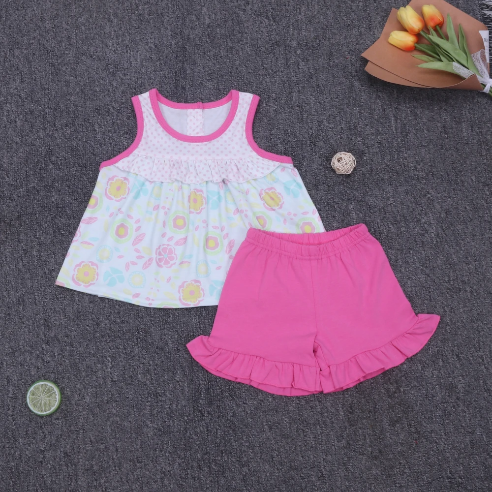 Baby New Kids Cotton Sleeveless Pink Polka Dot T shirt Set Round Neck
