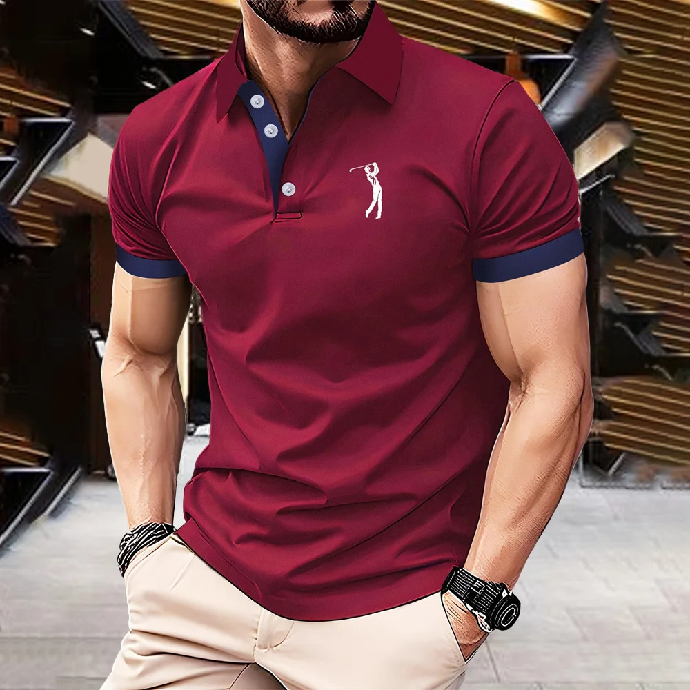 Polo da uomo con stampa a righe e lettere 3D, stile business casual, con risvolto, maniche corte, vestibilità ampia, traspirante, ideale per l'estate e il golf.