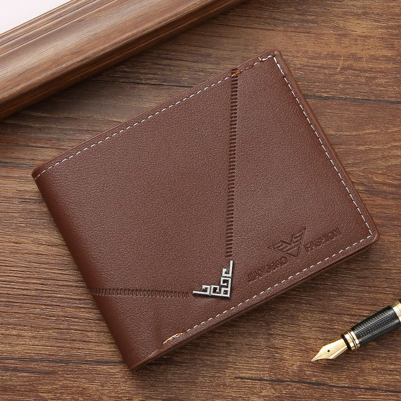 New men's wallet Men's short money clip young men simple fashion multi-card litchi pattern cross splicing leather wallet 4