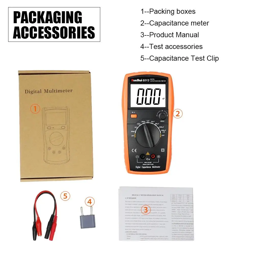 RuoShui6013 Digital Capacitance Meter High Precision Handheld Capacitor Tester Auto Tool 200pF-20000uF Inductance LCR Multimeter 6