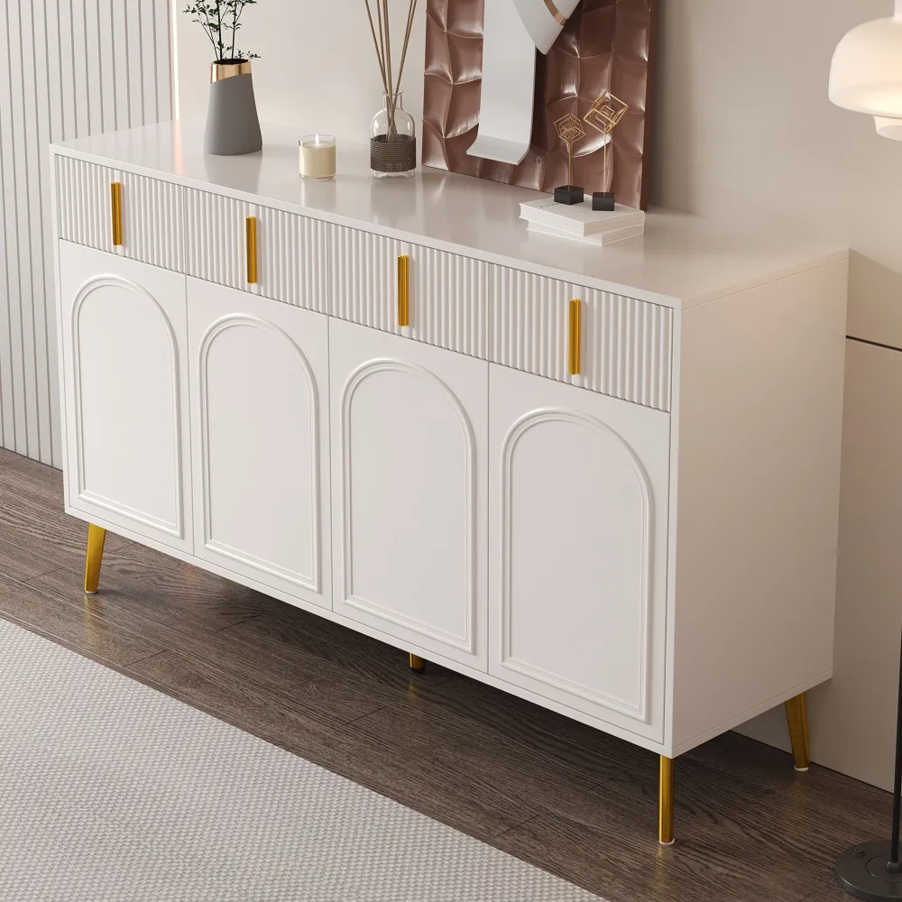 Sideboard mit goldenen Griffen und Beinen, 4 Türen, 4 Schubladen, mit abnehmbarem Laminat, für Wohn- und Esszimmer, 140 x 38 x 82 cm. – Detail 30