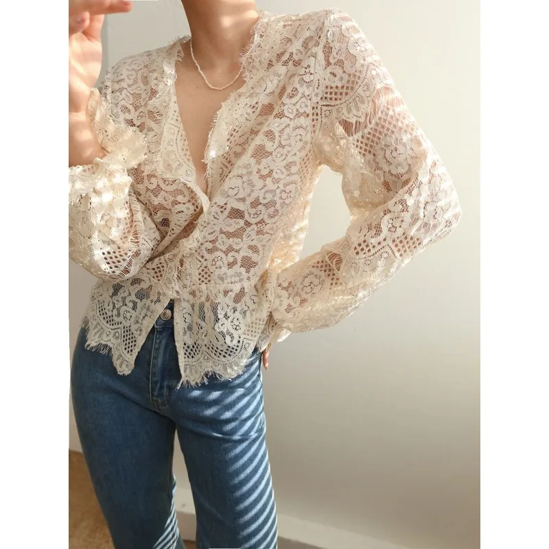 QWEEK Elagant Lace Transparent Blouse Women Youthful V Neck Long Sleeve Shirt Female Vintage Luxury 2024 Spring Aesthetic Korean qweek 2024 spring office ladies elegant long sleeve bodycon dress women vintage casual high street maxi long dresses