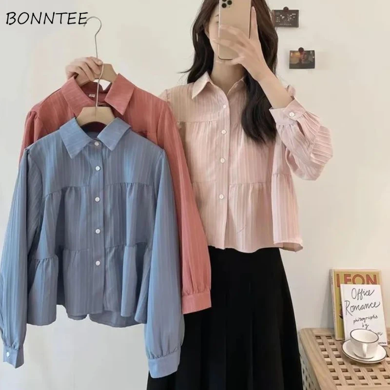 

Autumn Shirts Women Tops Sweet All-match Camisas De Mujer Girlish Simple Folds Tender Korean Style Students Casual Daily Classic