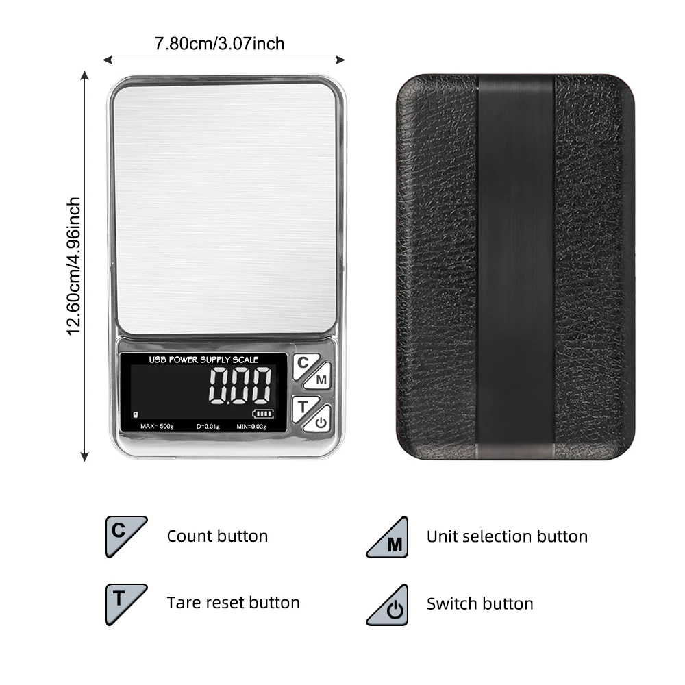 디지털 LCD 고정밀 USB 충전 스테인리스 전자 포켓, 주방 체중계 쥬얼리 저울, 100g, 500g