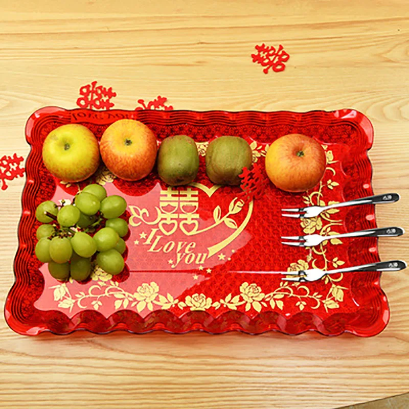 Luxury Chinese Red Plastic Oblong Round Toast Tray Traditional Wedding Party Tea Trays to Serve Food Festive Ceremony Decoration