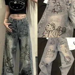 Hello Kitty Graffiti Printed Hot Diamond Jeans Women 2024 Spring Summer American Draping Wide Leg Pants High Street Floor Towers