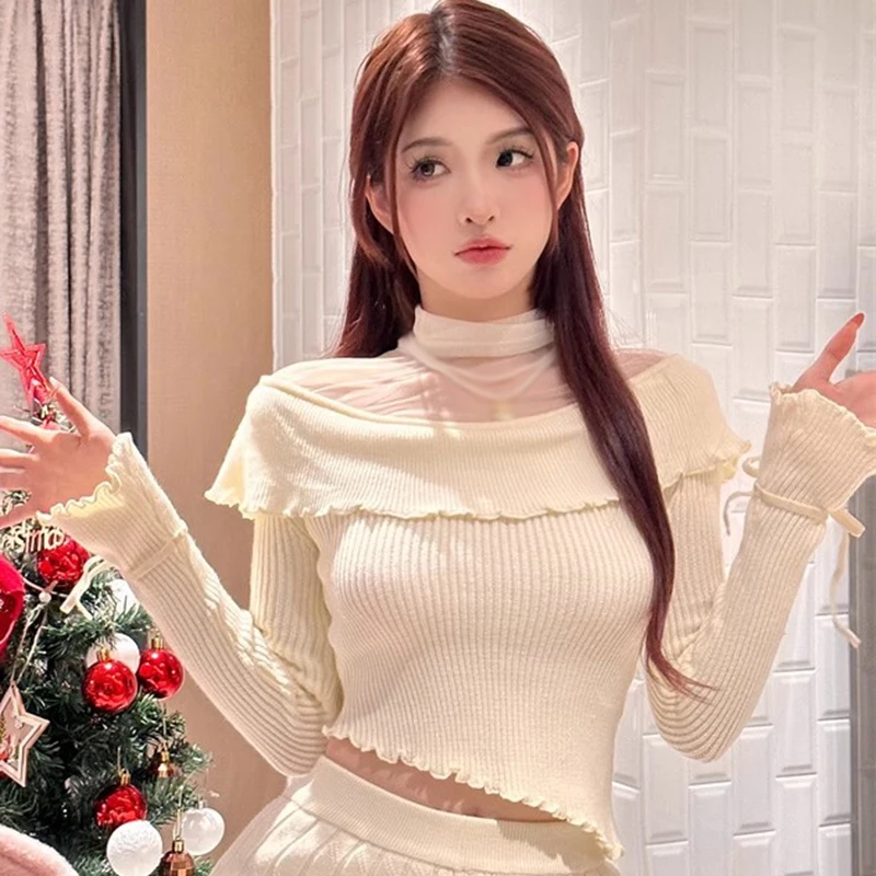

Autumn Winter Women's Knitted Top Solid Color Mesh Splicing Irregular Slim Sweet Fashion Knitted Long Sleeves Top