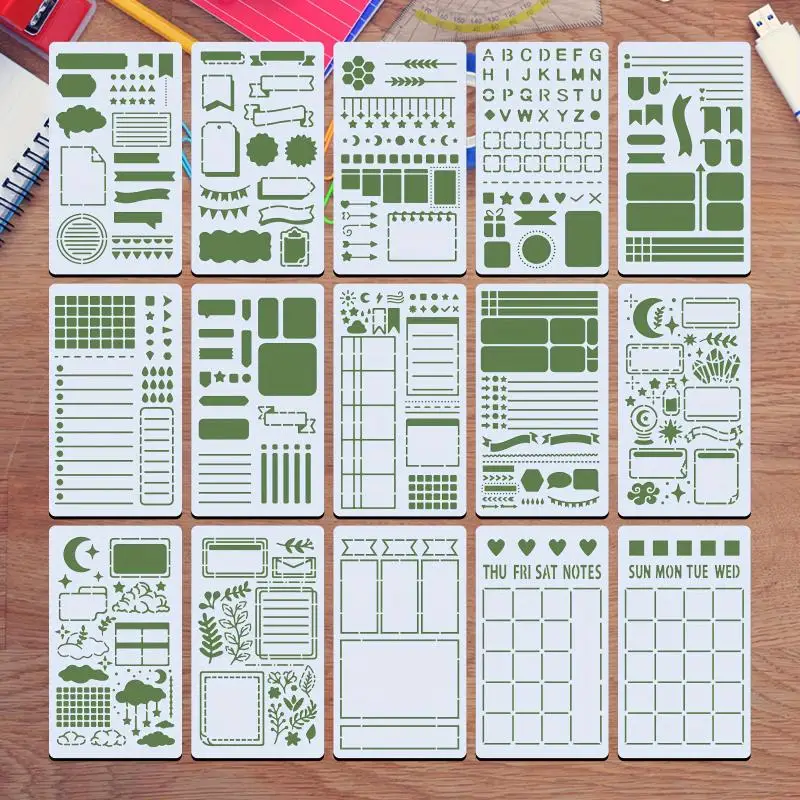 15개 재사용 가능한 드로잉 스텐실, DIY 저널 스크랩북 템플릿, 다이어리 페인팅 문구 선물용