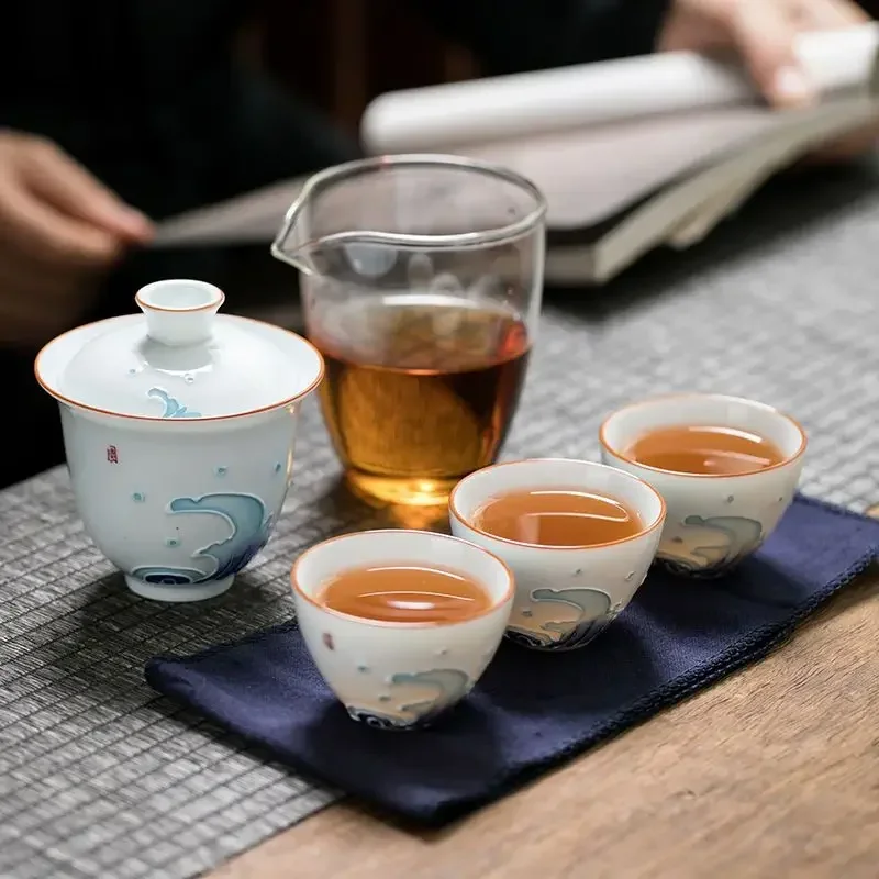 

Outdoors Portable Travel Teapot Set With 3 Mini Cups 1 Gaiwan Porcelana Japanese Tea Set Gaiwan Ceremony Set Household Wine