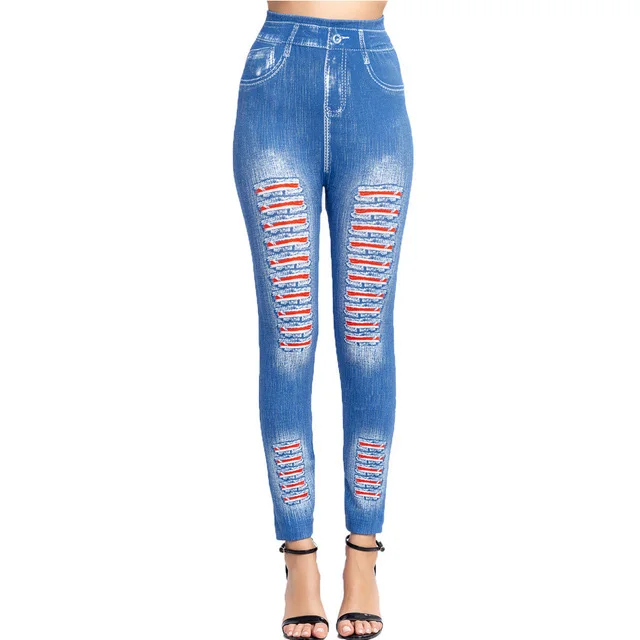 YGYEEG Women Imitation Denim Jeans Leggings Casual High Waist Slim Elastic Pencil Pants Sport Push Up Hole Print Soft Trousers yoga leggings Leggings