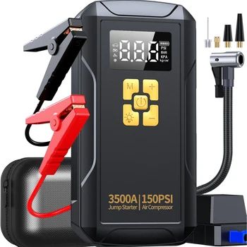 Avviatore di emergenza con compressore d'aria 3500A Avviatore di emergenza Pompa di aria 150PSI Gonfiatore per pneumatici multifunzionale Illuminazione della banca di potere per auto