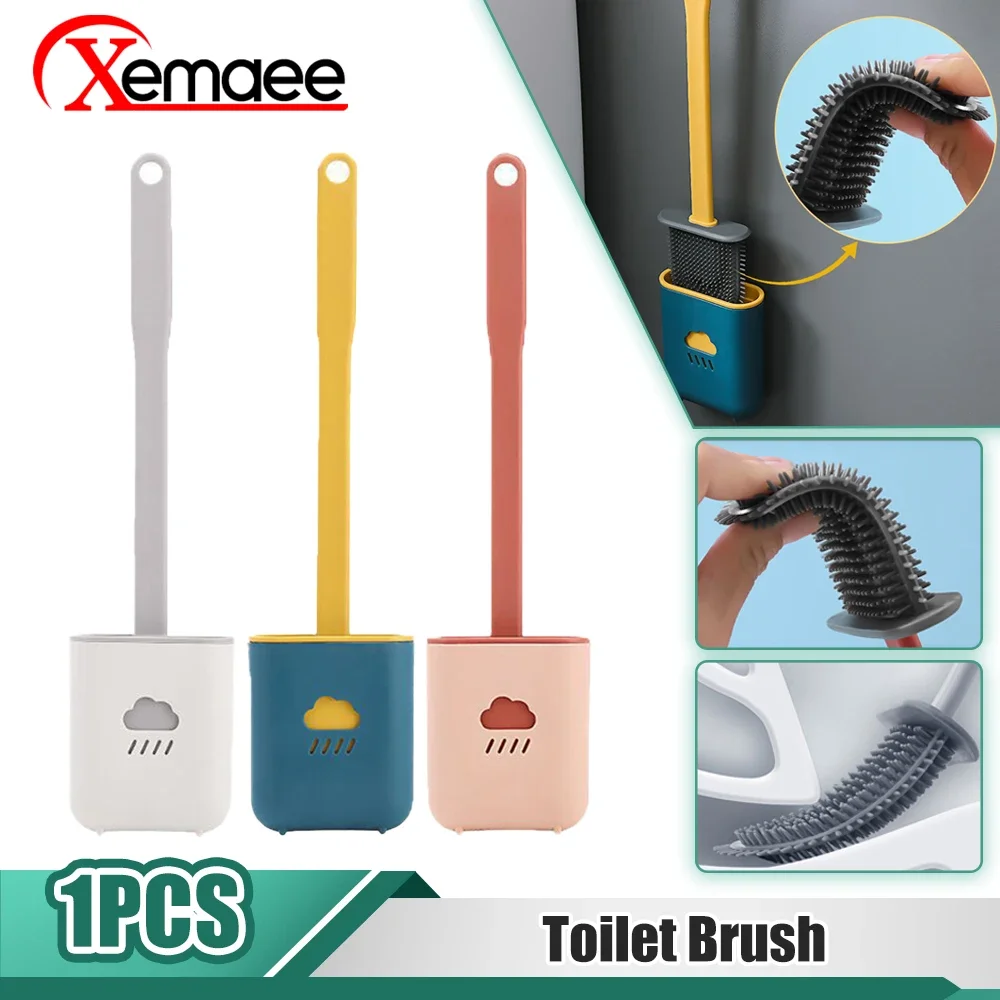 

Toilet Brush Silicone Toilet Cleaner Wc Flat Head Soft Bristles Brush Leak Proof With Base Quick Drying Set Bathroom Accessory